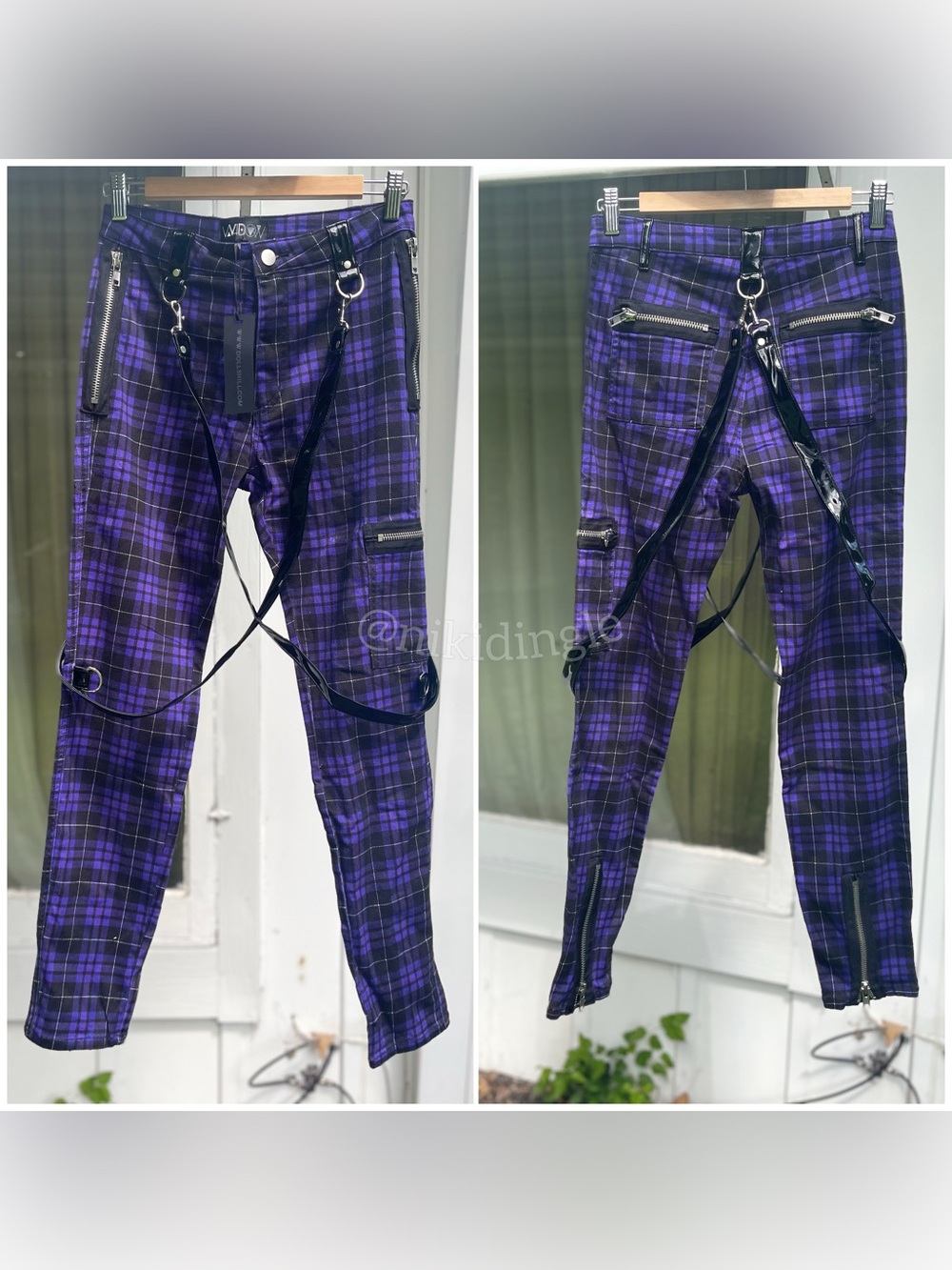 Dolls Kill Purple & Plaid Cargo Pants Bondage Harness Skinny Jeans M Punk Goth - Picture 2 of 9